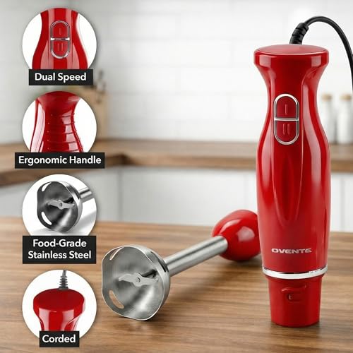 OVENTE Immersion Hand Blender, 300W Corded Electric Handheld Stick Mixer with 2 Mixing Speeds and Stainless Steel Blades for Smoothies, Purees & Baby Food, Red HS560R