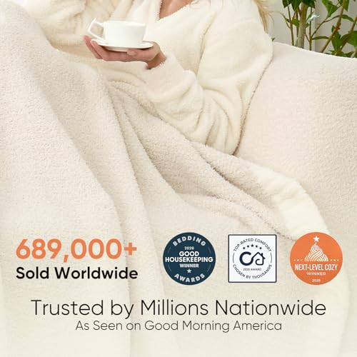 Snuggle Sac Buttery Ivory Throw Blanket for Couch, Reversible Super Soft Knitted Blankets, Warm Cozy Knit Fuzzy Plush Lightweight Throws Dupes for Sofa, Bed, Picnic, Ivory, 50 x 60 inches