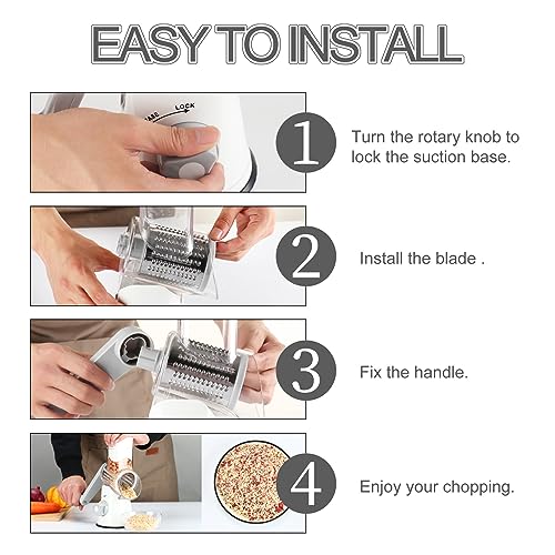 Ourokhome Rotary Cheese Grater Hand Crank, Kitchen Shredder Speed Mandolin Slicer Nuts Grinder with Handle and Drum Blades for Cheese, Vegetable, Walnuts, Chocolate, Potato, Carrot, 3 Blades, White