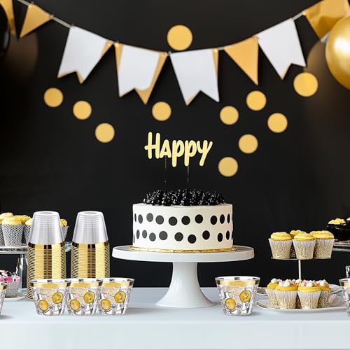 Bestluck 100 Pack 9 oz Gold Plastic Cups, Clear Disposable Cups with Gold Rim, Plastic Cocktail Glasses for Party & Graduation & Wedding