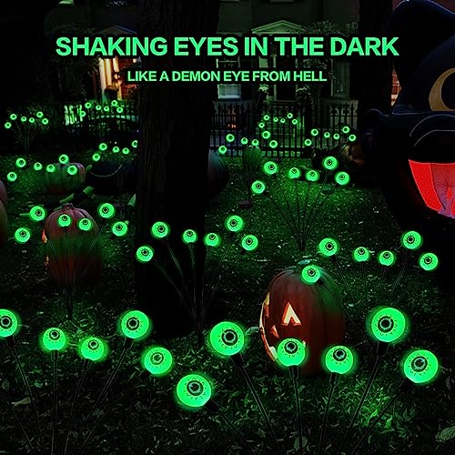 BeHiller Halloween Decorations Outdoor Solar Scary Eyeball Lights,2PACKS 12LED Green Eyeball Swaying Firefly Lights,Waterproof Solar Halloween Path