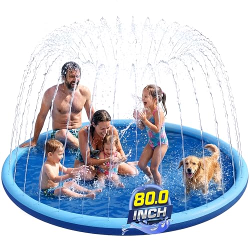 Non Slip Splash Pad for Kids and Dogs, 80" Sprinkler Splash Pad with 5mm Reinforced Edges,0.58mm Thickened Dog Pool,Outdoor Water Toys for Toddlers,Summer Backyard Fountain Play for Girls Boys Pets