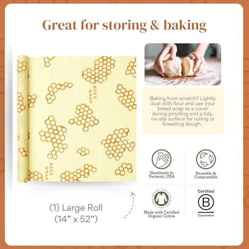 Bee's Wrap Beeswax Wraps for Food - Cut to Size 14x52" Beeswax Wrap Roll - Plastic Free Made in USA Reusable Natural Food Wrap - Honeycomb