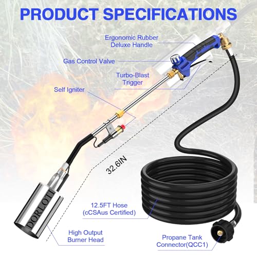 Propane Torch Weed Burner Kit, Blow Torch High Output with Self Igniter and Turbo Trigger,Heavy Duty Flamethrower with 12.5FT Hose for Weeding,Roofing,Melting Snow,Road Paint Removing