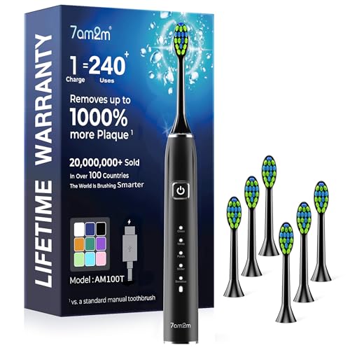 7AM2M Travel Electric Toothbrush for Adults&Kids, Type-C Charging Run for 120 Days, with 6 Brush Heads, 5 Modes&40000VPM Powered Rechargeable Toothbrush, Travel & Home Use (Black)