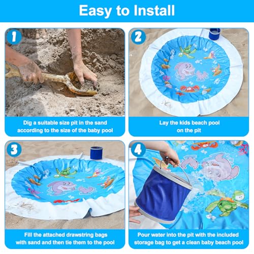 7.2 X 7.2 Feet Baby Beach Pool，Kiddie Pool and Beach Blanket，2 in 1 Toddler Paddling Pool，Beach Toys for Infant Kids Boys and Girls with Portable Water Bag 9L