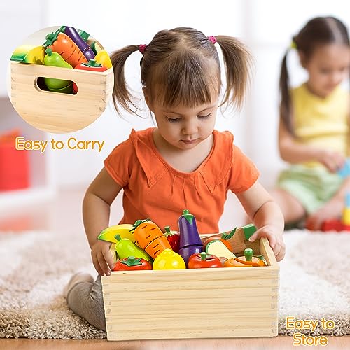 Wooden Play Food for Toddlers, Fruit & Veggies Cutting Set for Play Kitchen