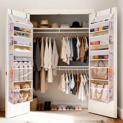 5 Tiers Over the Door Organizer with 10 Mesh Side Pockets, 44 lbs Weight Capacity Closet Hanging Storage Organizer with Large Clear Window Kids Toys