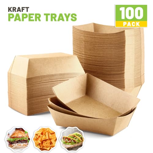 ZORRITA 2 Lb Paper Food Trays - 100 Pack Disposable Nacho Trays Brown Food Boats Take Out Basket Holders for Serving Party Snacks Hot Dogs Tacos Fries