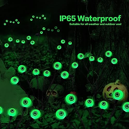 BeHiller Halloween Decorations Outdoor Solar Scary Eyeball Lights,2PACKS 12LED Green Eyeball Swaying Firefly Lights,Waterproof Solar Halloween Path