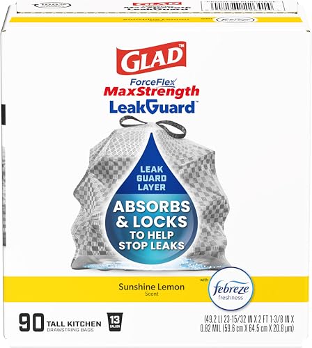 Glad ForceFlex MaxStrength LeakGuard Trash Bags, 13 Gal, Sunshine Lemon Scent, 90 Ct (Pack May Vary)