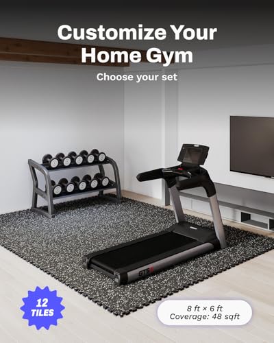 AIRHOP 0.56in Thick 48 Sq Ft Exercise Equipment Mats, 12 Tiles Upgraded Rubber Top with High Density EVA Foam, Large Interlocking Puzzle Gym Flooring for Home Gym, Heavy Weight Workout, 24 x 24in