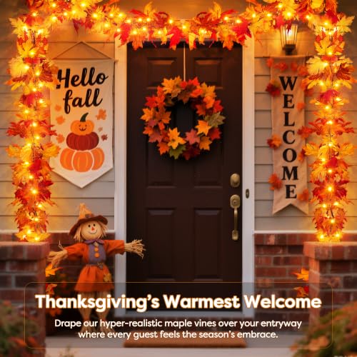 Fall Decorations for Home 9 FT Pre-lit Fall Garland with 50 LED Orange Lights, Auto Timer, 8 Lighting Modes, Waterproof Battery Operated Maple Leaf