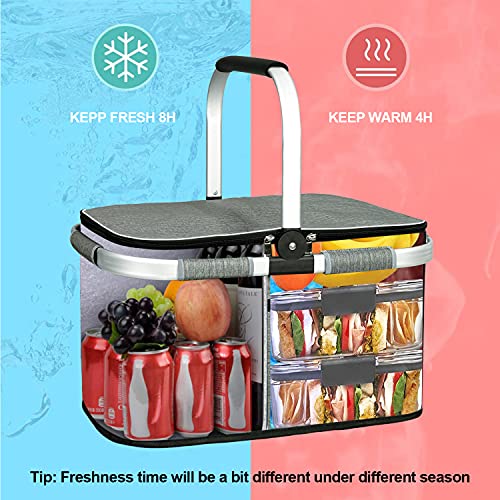 LIQING 35L Large Picnic Basket 2 Layers of Internal Pockets Leak-Proof and Insulated, Folding with Internal Support for enhansed Stability