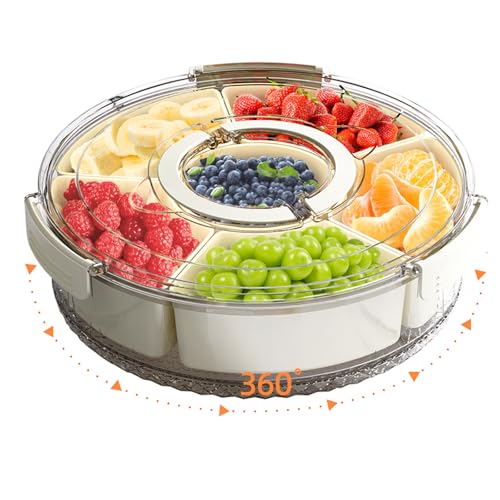 Divided Serving Tray with Lid and Handle, Stackable Snackle Box Container for Fruits Candy Organizer, Portable Spinning Rounded Veggie Tray for Kitchen, Party, Trave and Picnic-1 PACK