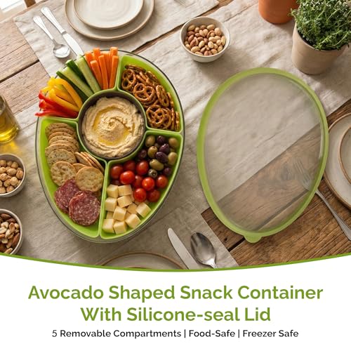 Divided Serving Tray with Lid, 5 Removable Compartments Snack & Veggie avocado shaped Tray with Center Dip Bowl, Portable Food Storage Container for Fruit, Charcuterie, Travel, Work & Parties