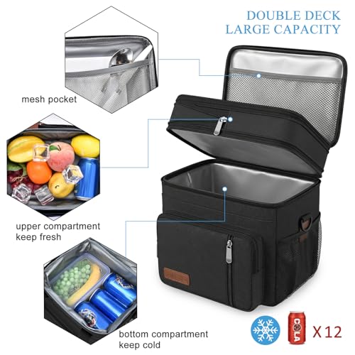 MIYCOO Lunch Bag & Lunch Box for Men Women, Double Deck Leakproof Insulated Soft Large Adult Camping Cooler bag for Work, Beach, Picnic, Travel (Black, 15L)