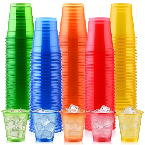 100 Pack 2 oz Clear Disposable Plastic Shot glasses, Mini Disposable Shot Cups for Winter Parties, Birthdays, Weddings, BBQs, Picnics & Daily Use(Neon)