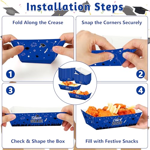 50 Pcs Graduation Decorations 2026, 2 Styles Graduation Food Trays Blue Serving Trays, Congrats Grad Class of 2026 Disposable Paper Plates Easy to Assemble Grad Table Decor Hot Dog for Party Supplies