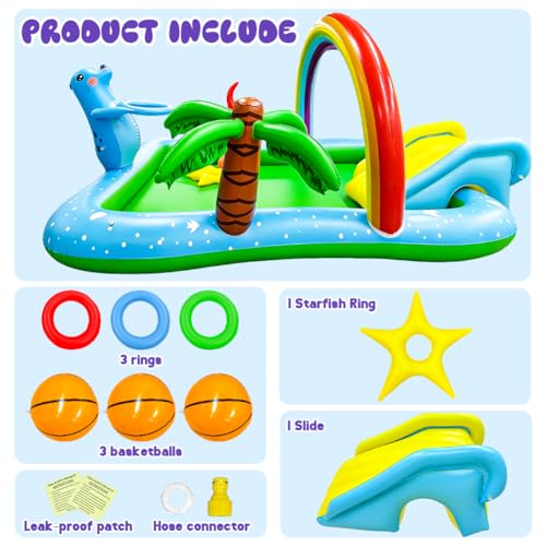 Inflatable Play Center Pool with Water Slide, 90.6 X 77.6in Rainbow Sprinkler Arch & Seal Design Kiddie Pool for Kid's Summer Backyard Splash Toy with Slide, Sprinkler & Play Area