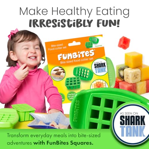 FUNBITES Crustless Sandwich Cutter for Kids Lunch (2-piece set), Uncrustable Sandwich Cutter, Bite-Size Food Cutter for Toddlers, Bento Box Accessories, BPA-FREE Dishwasher Safe, Green Squares 1pk