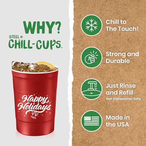 Steel Chill Cups 16 oz. Party Cups Flag Design for Cold Drinks, Sturdy and Durable, Disposable, Recyclable, Made in USA, Patriotic, Red, 12 Count