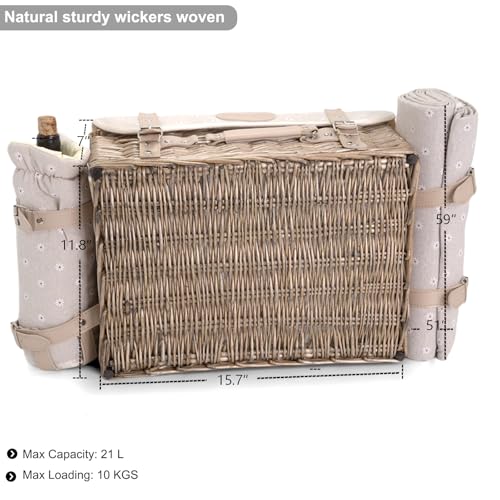 Multifunctional Wicker Picnic Basket Set for 2 with Blanket and Picnic Table, Insulated Picnic Set with Full Tablewares for Camping Outdoor Couples, Flowers