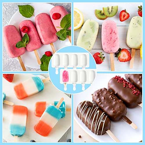 6 Set Small Silicone Popsicle Molds Ice Cream Mould 4 Cavity Ice Lolly Mold White Oval Cake Pop Mould with 300 Pieces Wooden Sticks for DIY Cream Popsicle Cake, White