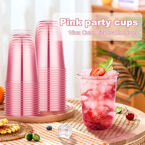 KesaPlan 50 Pcs Pink Plastic Cups, 16oz Disposable Stemless Wine Glasses Pink Clear Drinking Cup for Party Plastic Disposable Cup for Cocktail Party Wedding Birthday Valentine's Galentine's Day