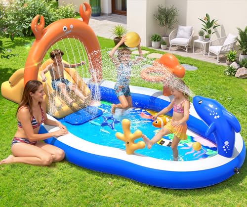 StarOcean 2026 Large Inflatable Play Center,Kiddie Pool with Water Slide&Sprinkler,121''x71"x51''Inflatable Toddler Pool with Slide,BlowUp Water Play for Toldder,Inflatable Water Park for Kid Backyard