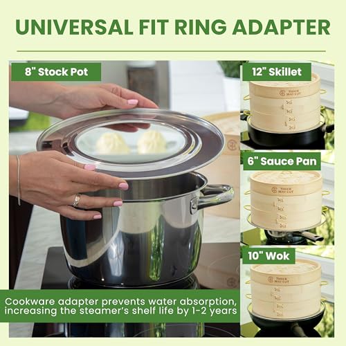 Bamboo Steamer 10 Inch 2 Tier Wooden Basket With Handle, Ring Adapter, Reusable Silicone Liner, Kit For Cooking Dumpling Baby Bao Bun, Dim Sum, Rice Potsticker Steaming Chinese Asian Food & Vegetables