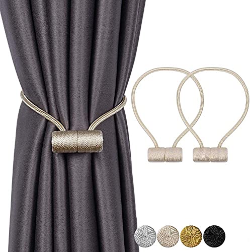 2pcs Magnetic Curtain Tiebacks, Strong Magnetic Window Curtain Tiebacks Decorative Rope Holdbacks Drapery Curtain Tie Backs for Window Draperies Hold Curtains Drape Ties Backs (Beige, 2 Pack)