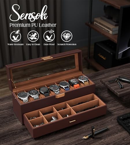 Watch Case Box for Men - 7 SLots Watches Storage Organizer Real-Glass Display Case with Jewelry Drawer 2-Layer PU Leather Collection Holder Gift for Loved Ones Brown