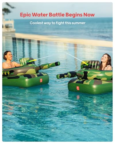 QPAU Inflatable Tank Pool Float for Adults & Kids – Ride-On Camouflage Floaty with Water Cannon, Swim Raft Toy for Boys Girls, Lake Beach Backyard Party Floaties