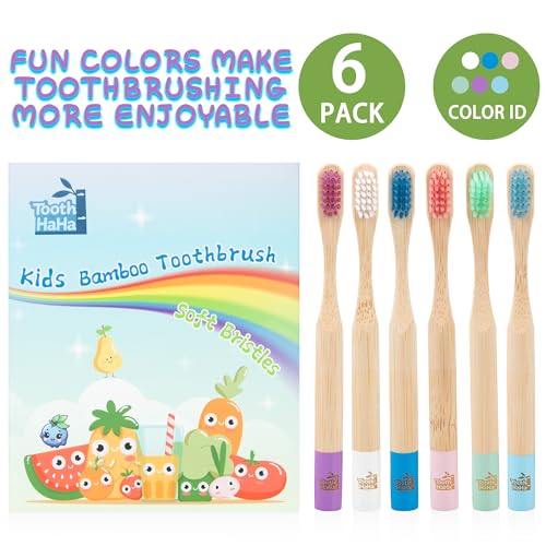 Kids Bamboo Toothbrushes, BPA-Free Soft Bristles, Eco-Friendly Natural Wooden Toddler Toothbrush, 6-Pack Travel Toothbrushes Set for Children
