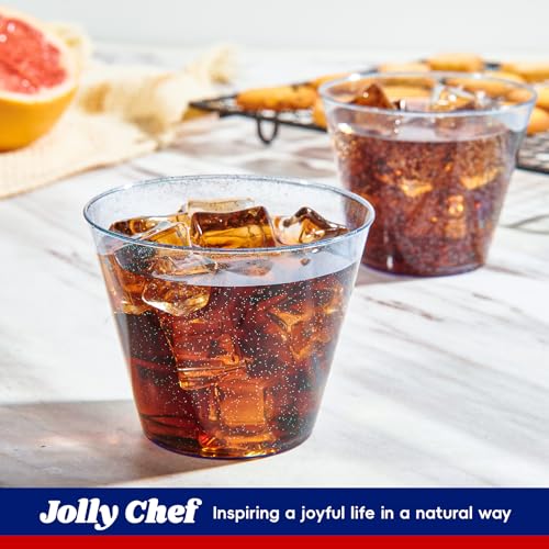 JOLLY CHEF 100 Pack 9 oz Blue Plastic Cups, Disposable Cups Tumblers, Elegant Blue Glitter Party Glasses for Wedding, Thanksgiving Day, Christmas Halloween