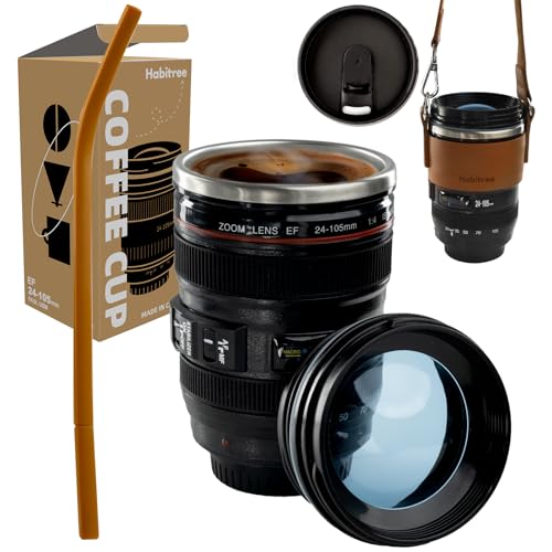 Coffee Mug- Ideal for Photographers&Travelers - Day Gifts,2 Lids,Cup Holder,Silicone Straw- Stainless Steel Lens Mug Thermos-Gift for Him, Photography, Camera accessories, Novelty Gifts