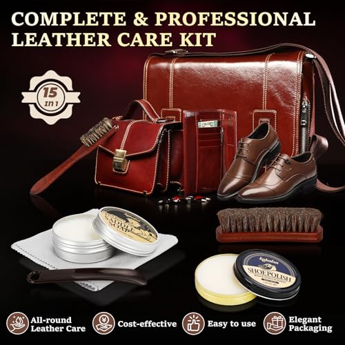 Shoe Shine Kit, Mens Gifts Ideas - 15PCS Shoe Polish Kit with Saddle Soap, Mink Oil, 3 Shoe Polishes, 3 Shoe Brushes and more, All-inclusive Leather Care Kit for Leather Shoe Boot Cleaning and Care