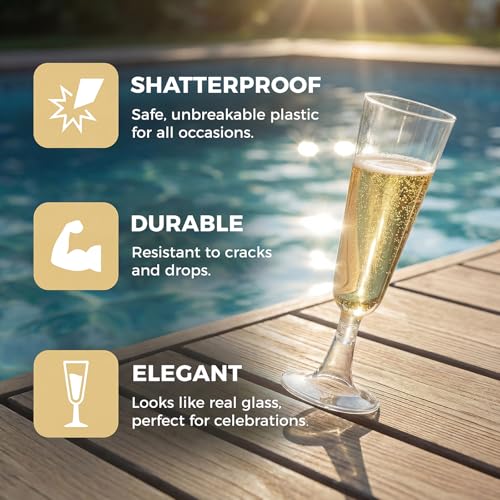 Disposable Plastic Champagne Flutes | 60 Count 5oz Clear Plastic Champagne Glasses | Bulk Wedding Pool Outdoor Party Supplies for Mimosas Toasting Celebrations