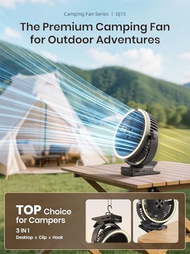 Warmco 15000mAh Portable Clip on Fan Rechargeable, 8 Inch Battery Powered Desk Fan, LED Lantern & Hook, 360° Rotate & 4 Speeds Strong Airflow for Camping Tent Office Outdoor Travel Golf Cart