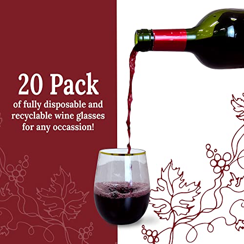 Reli. 12oz. Disposable Wine Glasses Gold-Rim (20 Pack) Stemless Crystal Clear | Reusable & Recyclable BPA-Free Food-Grade Plastic | Shatterproof Party Cups for Juices, Cocktails, Whiskey Any Occasion