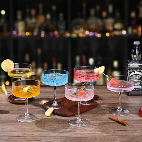 Set of 12 Plastic Martini Glasses, 10 oz Ribbed Coupe Glasses for Cocktails and Martinis, Disposable Espresso Martini Glasses. Ideal for Parties, Weddings, and Home Bars, Crystal Vintage Cups (Clear)
