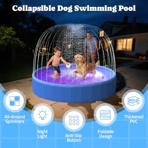 Pawtners Foldable Dog Pool with Sprinkler & RGB LED Light, 72" Collapsible Hard Plastic Swimming Pool for Small Large Dogs Cats and Kids, Portable Pet Bathing Tub Wading Pool for Backyard Camping Blue