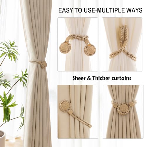 Curtain Tiebacks Magnetic Rope Curtain Tie Backs for Curtains 2 Pack Handmade Outdoor Window Curtain Holdbacks for Drapes, Beige