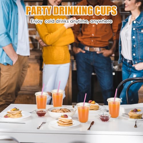 Ziliny 50 Pack 16 oz Clear Plastic Cups with Lids and Straws Disposable Iced Coffee Cups Round Bottom To carry Cup for Coffee Smoothie Cold Drinks Juice Milkshake Tea (Pink)