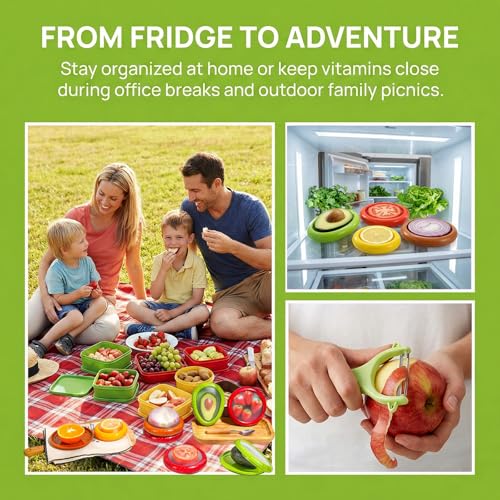 5PCS Avocado Saver & Produce Saver Set – 4 Reusable Silicone Fruit Storage Pods + Fruit Peeler, Tomato Holder, Onion Keeper, Lemon Saver for Fridge, Office Snacks & Camping