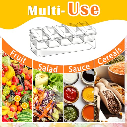 ARSTPEOE Condiment Tray, Chilled Condiment Server for Home, Party, Celebration, Bar Garnish Holder on Ice, Bar Accessories Fruit and Salad with Removable Trays and Lids (5 Spoons & 2 Tongs)