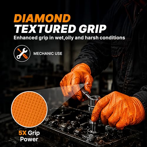 TitanFlex Heavy Duty Orange Industrial Nitrile Gloves with Raised Diamond Texture, Latex Free (6mil/8mil)