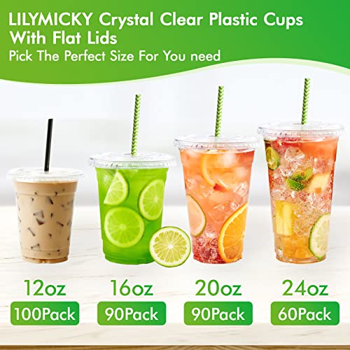 Lilymicky 100 Sets 12 oz Clear Plastic Cups with Flat Lids, 12 oz Disposable Drinking Cups With Lids for Ice Coffee, Smoothie, Slurpee, or Any Cold Drinks
