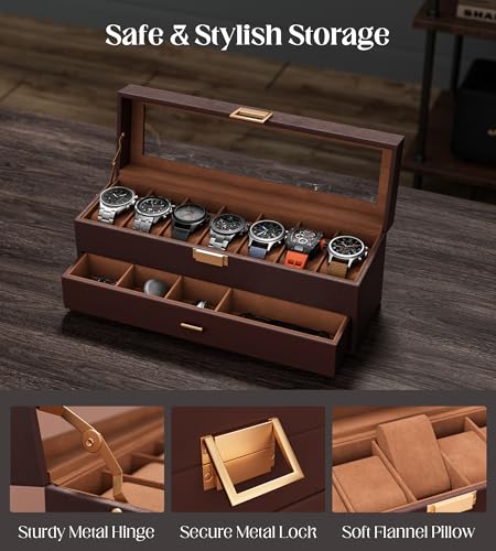 Watch Case Box for Men - 7 SLots Watches Storage Organizer Real-Glass Display Case with Jewelry Drawer 2-Layer PU Leather Collection Holder Gift for Loved Ones Brown